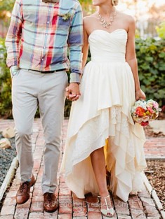 A-line Asymmetrical Taffeta Lace Tiered Sweetheart Wedding Dresses