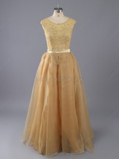A-line Chiffon Tulle Scoop Neck Floor-length Beading Prom Dresses