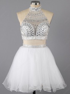 A-line Tulle Scoop Neck Short/Mini Ruffles Prom Dresses