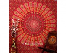 Red Round Mor Pankh Boho Tapestry