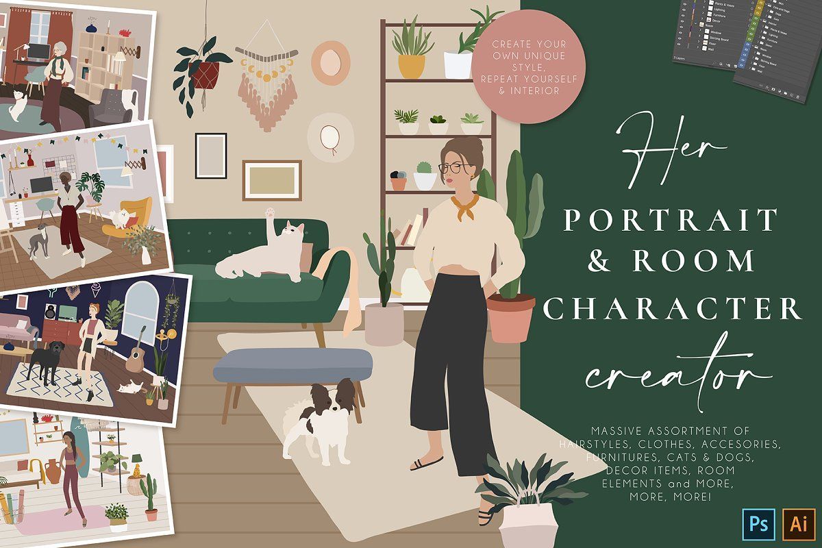 Her Portrait & Room Character Creator great for logo, posters, cards, branding, covers, gif ...