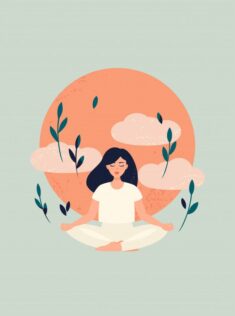 Ilustración de yoga chica meditación con sol y nubes | Vector Premium