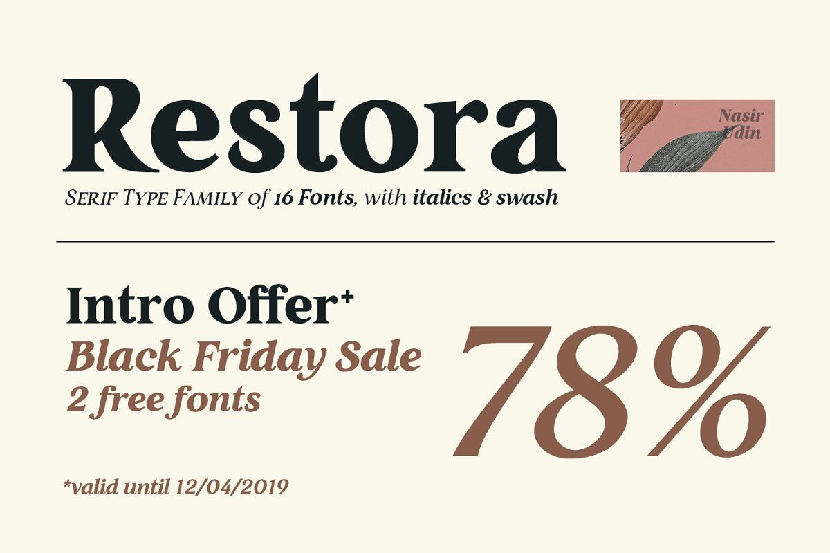 Restora is a mix of old-style roman serif styles. Well suited for book covers, editorial, brandi ...