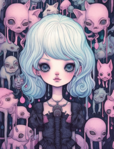 32 Creepy Kawaii Pastel Goth Coloring Pages Printable for Adults, Grayscale Coloring Page