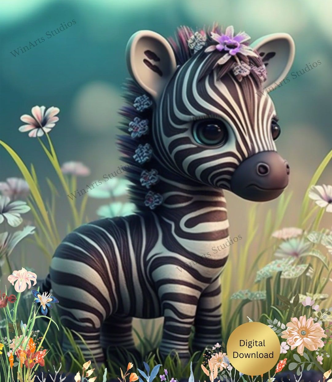 Cute Baby Zebra in Garden of Flowers Nursery Art Printable – Etsy