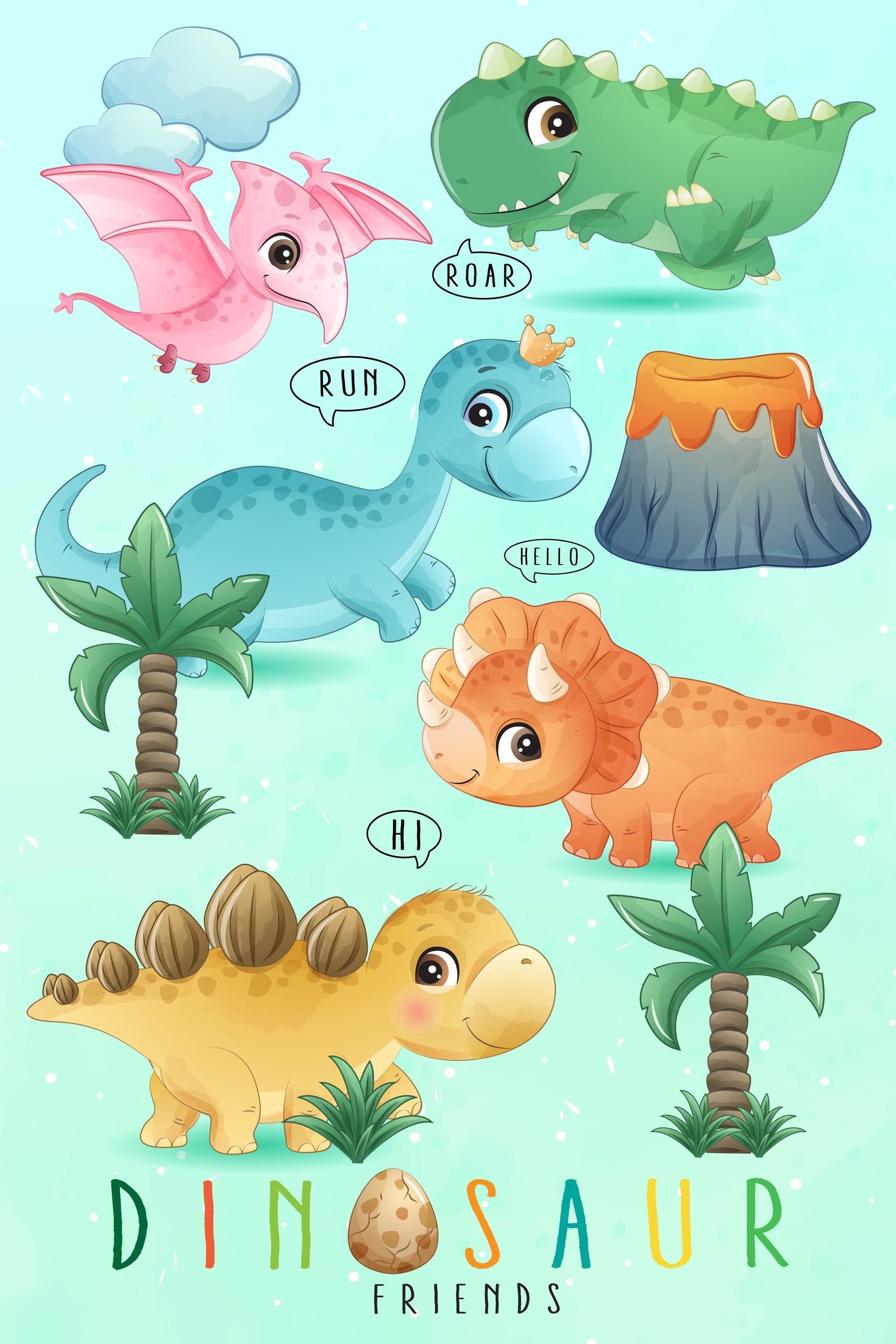 Cute dinosaur world clipart with watercolor illustration