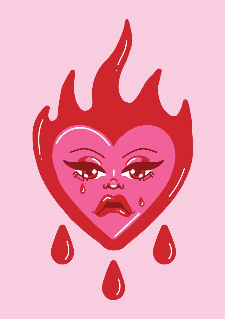 Y2K Flame Crying Heart Art Print 50s Traditional Tattoo Flash Pink Red Funky Groovy Poster Makeup