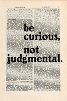 be curious, not judgmental quote print on an antique page, Walt Whitman