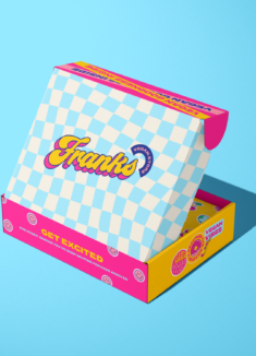 Fun Mailing box design inspired by 90s branding featuring colourful icons, fun brand identity and re