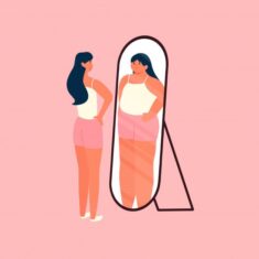 Premium Vector | Woman with ideal bodies looking herself in the mirror and feel insecure and fat ...