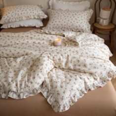 Emma White & Brown Cotton Ditsy Floral Cottagecore Duvet Cover Set with Ruffles and Brown S ...