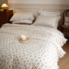 Emma White & Brown Cotton Ditsy Floral Cottagecore Duvet Cover Set with Ruffles and Brown S ...