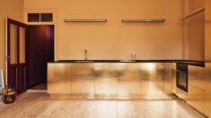 Reform hacks IKEA cabinets to create gold-hued kitchen for Stine Goya