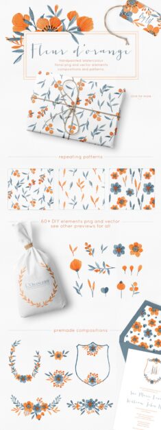 Fleur d’orange huge watercolor orange and blue floral clipart graphics set. Wreaths, patte ...