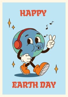 Vertical poster or card illustration groovy planet character walking in retro cartoon st