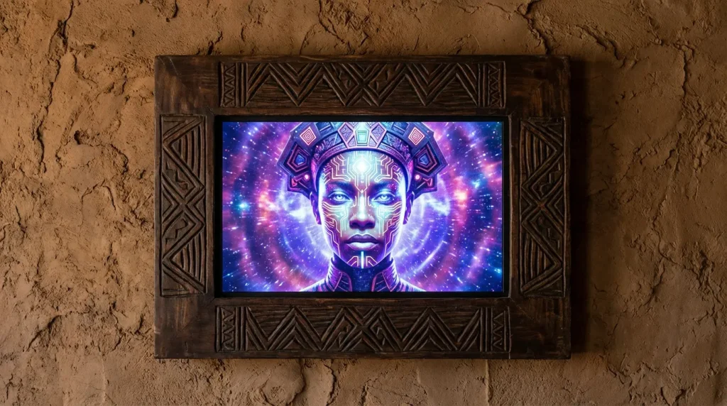 Digital art frame with carved wood border displaying Afro-futurist art.